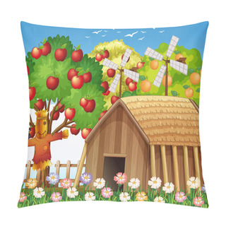 Personality  Farm Scene With Farmhouse And Big Apple Tree Illustration Pillow Covers