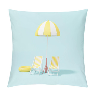 Personality  Summer Vacation Background Beach Umbrella Realistic Illustration On Chair, Summer Promotion Sale , Banner, Website. Sky Blue Background. 3D Rendering Illustration Pillow Covers