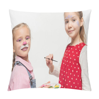 Personality  Smiling Children With Paintings On Faces Holding Palette And Paintbrush While Looking At Camera Isolated On White Pillow Covers