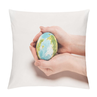 Personality  Cropped View Of Woman Holding Earth Model On White Background, Global Warming Concept Pillow Covers