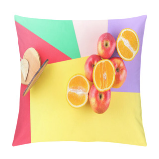 Personality  Fruits Of Oranges And Red Apples On A Multicolored Background, Halves Of Oranges And Apples On Colored Paper. Citrus In The Style Of Pop Art Pillow Covers