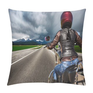 Personality  Biker Girl On A Motorcycle Hurtling Down The Road In A Lightning Pillow Covers