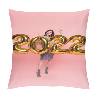 Personality  Pretty And Stylish Woman Holding Champagne Near Balloons In Shape Of 2022 On Pink Background Pillow Covers