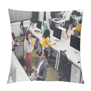 Personality  High Angle View Of Young Multiracial Coworkers Working And Talking In Open Space Office  Pillow Covers