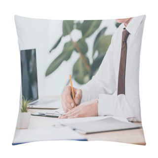 Personality  Cropped View Of Businessman Writing In Document At Workplace, Compensation Concept Pillow Covers