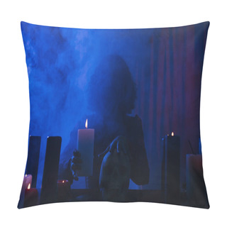 Personality  Medium Holding Candle And Touching Skull During Spiritual Session In Darkness With Blue Smoke Pillow Covers