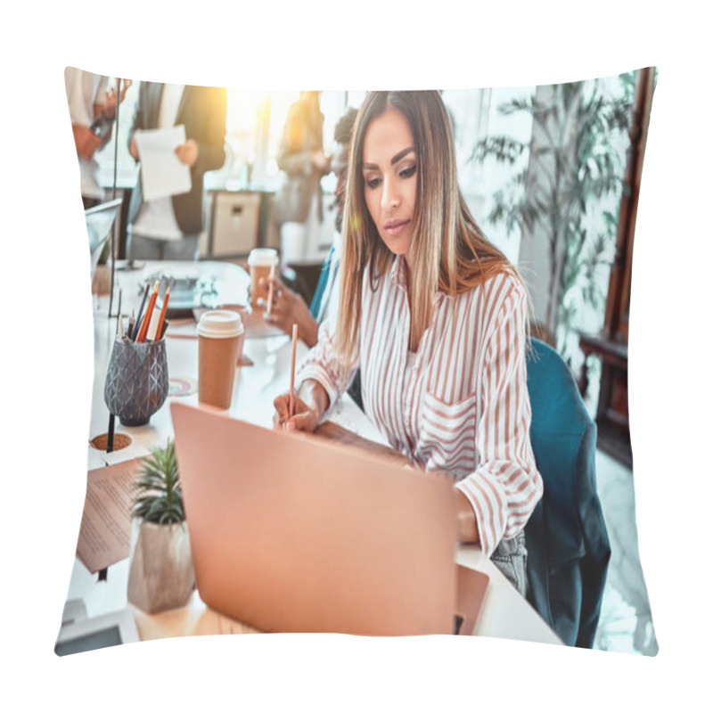 Personality  Attractive woman working in office on laptop and make notes. pillow covers