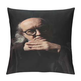 Personality  Religious Philosopher In Eyeglasses Holding Hands Near Chin And Looking At Camera Isolated On Black Pillow Covers