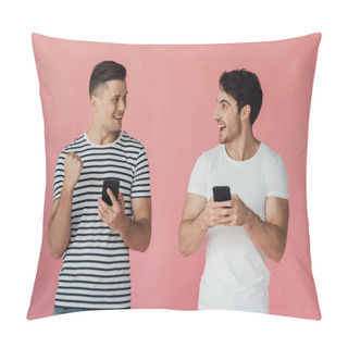 Personality  Two Smiling Men Using Smartphones And Looking At Each Other Isolated On Pink Pillow Covers