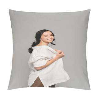 Personality  Cheerful Brunette Woman Looking At Camera While Taking Off White Shirt Isolated On Grey Pillow Covers