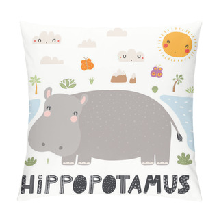 Personality  Cute Funny Hippopotamus, African Landscape Pillow Covers