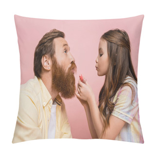 Personality  Girl Holding Lipstick And Pouting Lips Near Bearded Father Isolated On Pink   Pillow Covers