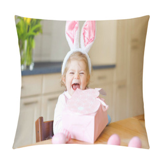Personality  Cute Little Toddler Girl Wearing Easter Bunny Ears Playing With Colored Pastel Eggs. Happy Baby Child Unpacking Gifts. Adorable Healthy Smiling Kid In Pink Clothes Enjoying Family Holiday Pillow Covers