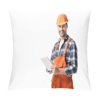 Personality  Smiling Builder In Orange Overall And Hard Hat Using Digital Tablet Isolated On White Pillow Covers