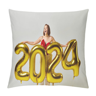 Personality  Happy New Year, Excited Young Woman In Trendy Attire Holding Balloons With 2024 Numbers On Grey Pillow Covers