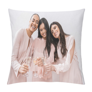 Personality  Three Multicultural Bridesmaids, Pretty Women In Pastel Pink Dresses Clinking Glasses Of Champagne On Grey Background, Cultural Diversity, Fashion, Celebration, Cheers  Pillow Covers