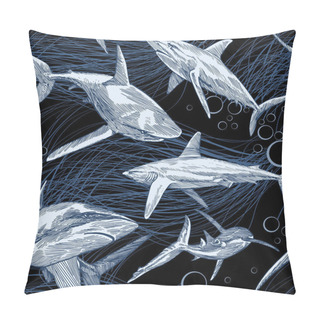 Personality  Shark Vector Pattern With Hand Drawn Underwater Sea Fish, Contemporary Background And Print Design Pillow Covers