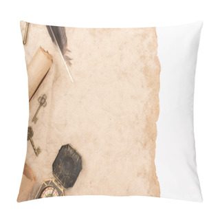 Personality  Top View Of Feather, Vintage Keys And Compass On Aged Paper Isolated On White Pillow Covers