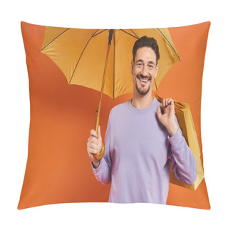 Personality  Cheerful Man With Yellow Umbrella And Shopping Bags Standing On Orange Background, Consumerism Pillow Covers