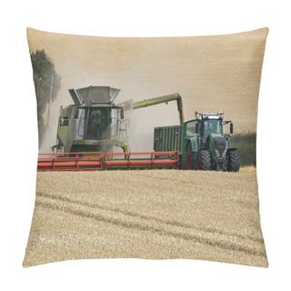 Personality  Combine Harvester Cutting A Field Of Wheat On Farmland In The Countryside Of North Yorkshire, England. Pillow Covers