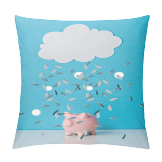 Personality  Pink Piggy Bank Near White Cloud And Falling Silver Coins On Blue  Pillow Covers