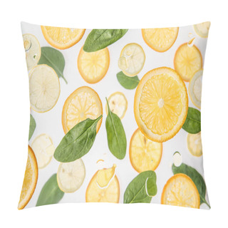 Personality  Fresh Orange And Lemon Slices With Green Spinach Leaves On Grey Background Pillow Covers