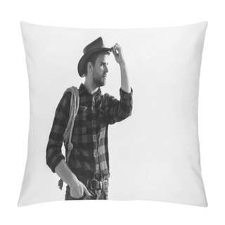 Personality  Far Far Away. Vintage Style Man. Wild West Retro Cowboy. Man Checkered Shirt On Ranch. Wild West Rodeo. Thoughtful Man In Hat Relax. Cowboy With Lasso Rope. Western. Western Cowboy Portrait Pillow Covers