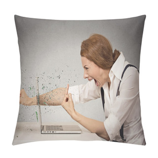 Personality  Angry Business Woman Throws Punch Into Computer, Screaming Pillow Covers