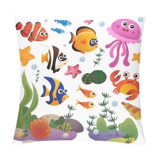 Personality  Cartoon Marine Inhabitants Of The Underwater World. Coral Reef With Little Fishes, Jellyfish, Crab And Sea Star. Colorful Vector Set For Kids. Pillow Covers
