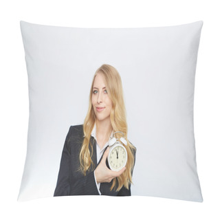 Personality  Full Isolated Portrait Of A Beautiful Caucasian Businesswoman Locking At The Clock. Highnoon Pillow Covers