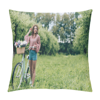 Personality  Young Pretty Woman Holding Retro Bicycle With Wicker Basket Full Of Flowers In Forest Pillow Covers