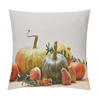 Personality  Autumnal Decor With Pumpkins, Tasty Pears And Pyracantha Berries On Table Pillow Covers