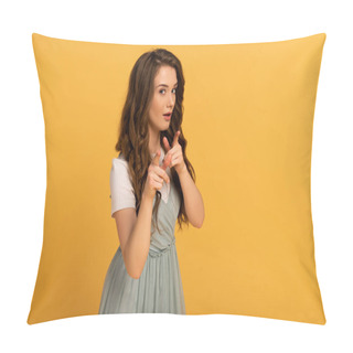Personality  Beautiful Spring Woman Pointing At You Isolated On Yellow Pillow Covers