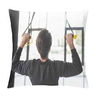 Personality  Back View Of Brunette Sportsman Pulling Suspension Straps While Training In Gym Pillow Covers