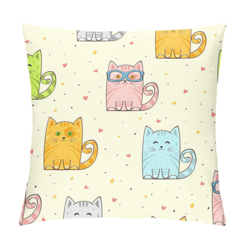 Personality  Seamless background with cute cats, hearts and stars, illustration. pillow covers