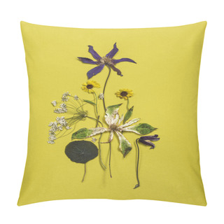 Personality  Different Dry Flowers On Yellow Paper Background Pillow Covers