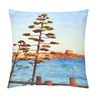 Personality  A Blooming Agave Stands Out On The Seafront In Sardinia. In The Background A Piece Of Coast With A Medieval Tower. Digital Watercolors Painting. Pillow Covers