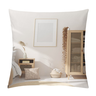 Personality  Mock Up Frame In Bedroom Interior, Beige Room With Natural Wooden Furniture, Scandinavian Style, 3d Render Pillow Covers