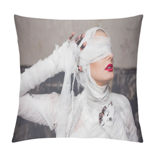 Personality  Mummy Girl Blindfolded. Portrait Of A Young Beautiful Woman In Bandages All Over Her Body Pillow Covers