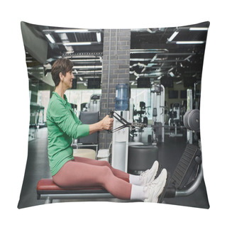 Personality  Athletic And Motivated, Elderly Woman Working Out In Gym, Fitness, Exercise Machine, Side View Pillow Covers