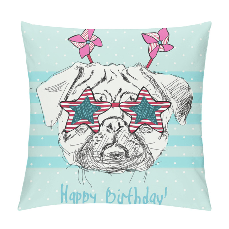 Personality  Vector Illustration Of Funny Pug Dog In Star Pink Glasses On Blue Background Pillow Covers