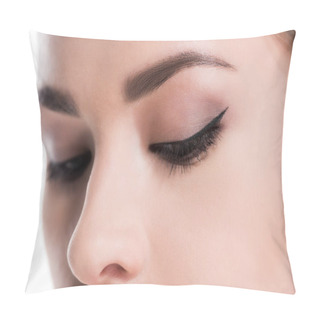 Personality  Cropped Shot Of Young Woman With Eyes Shut Isolated On White Pillow Covers