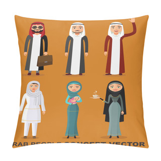 Personality  Saudi Arab People Characters Stand Set In Flat Style Isolated On White Background. Different Arabic Man And Woman Smiling Characters In Traditional Clothing. Vector. Pillow Covers