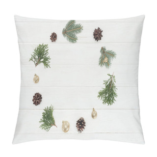 Personality  Top View Of Evergreen Coniferous Twigs, Pine Cones And Golden Baubles On Wooden Background  Pillow Covers