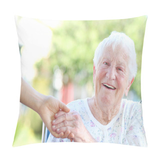 Personality  Senior Woman Holding Hands With Caretaker Pillow Covers