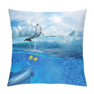 Personality  Flock Of Dolphins Underwater One Flipper Jumping From Foamy Wave Pillow Covers