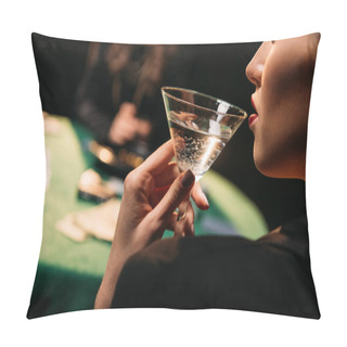 Personality  Cropped Image Of Girl Drinking Cocktail While Playing Poker At Table In Casino Pillow Covers