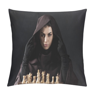 Personality  Front View Of Woman In Death Costume With Chess Isolated On Black Pillow Covers