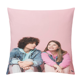 Personality  Curly Teenager Looking At Smiling Girlfriend On Pink Background Pillow Covers