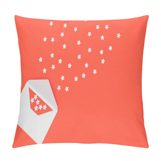 Personality  Top View Of Open White Envelope With Red Card And Small White Stars Isolated On Red Background Pillow Covers